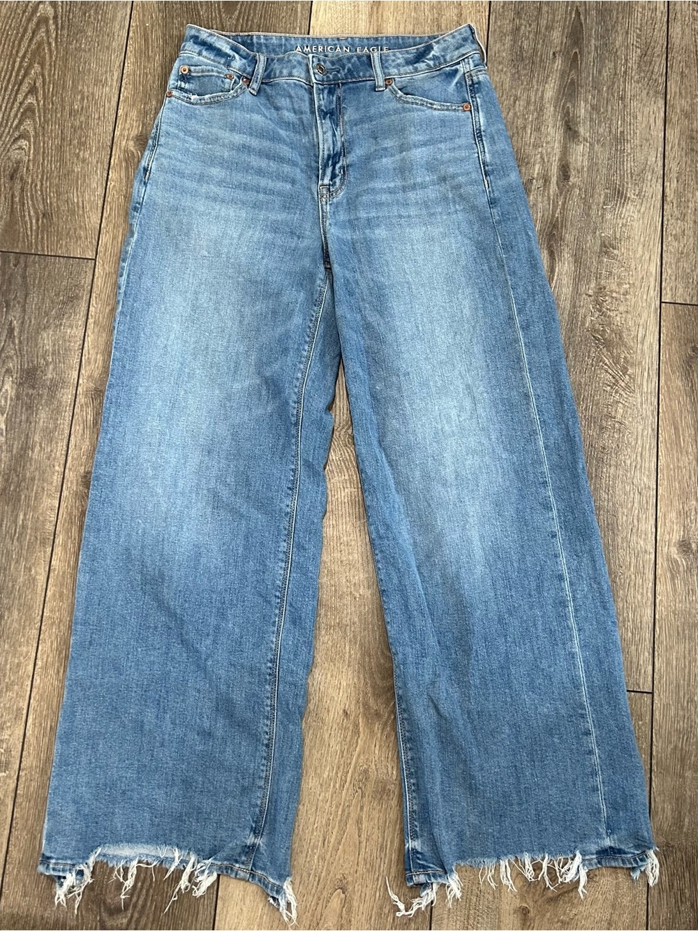American Eagle Drapey Wide Leg Frayed Hem Jeans - Light Blue Wash
